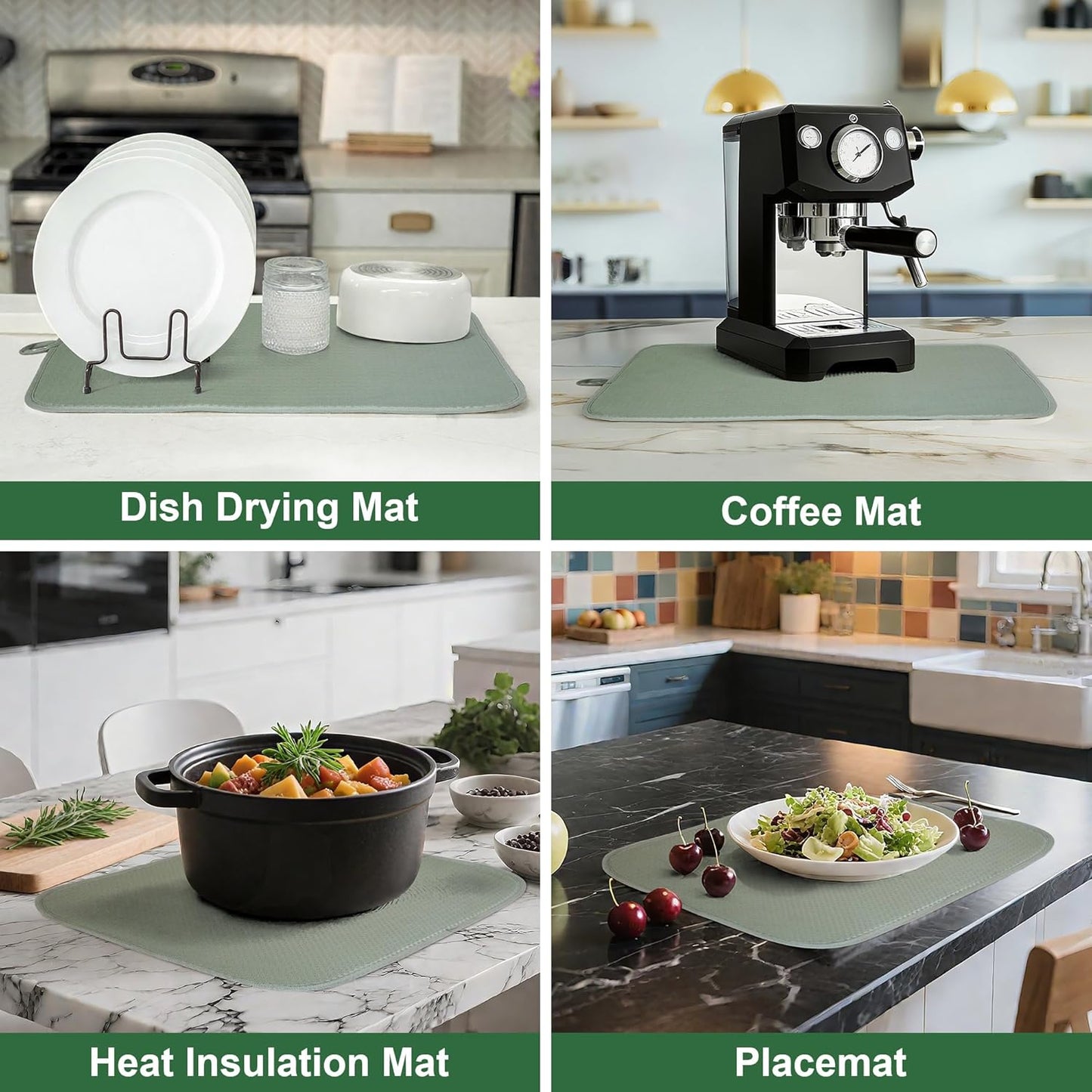 2 Packs Dish Drying Mats for Kitchen Counter, Drying Matt Kitchen Counter, Sage Green Kitchen Dish Drying Mat & Dish Dryer Mat for Drying Dishes, 20 x 15 inches (Green)