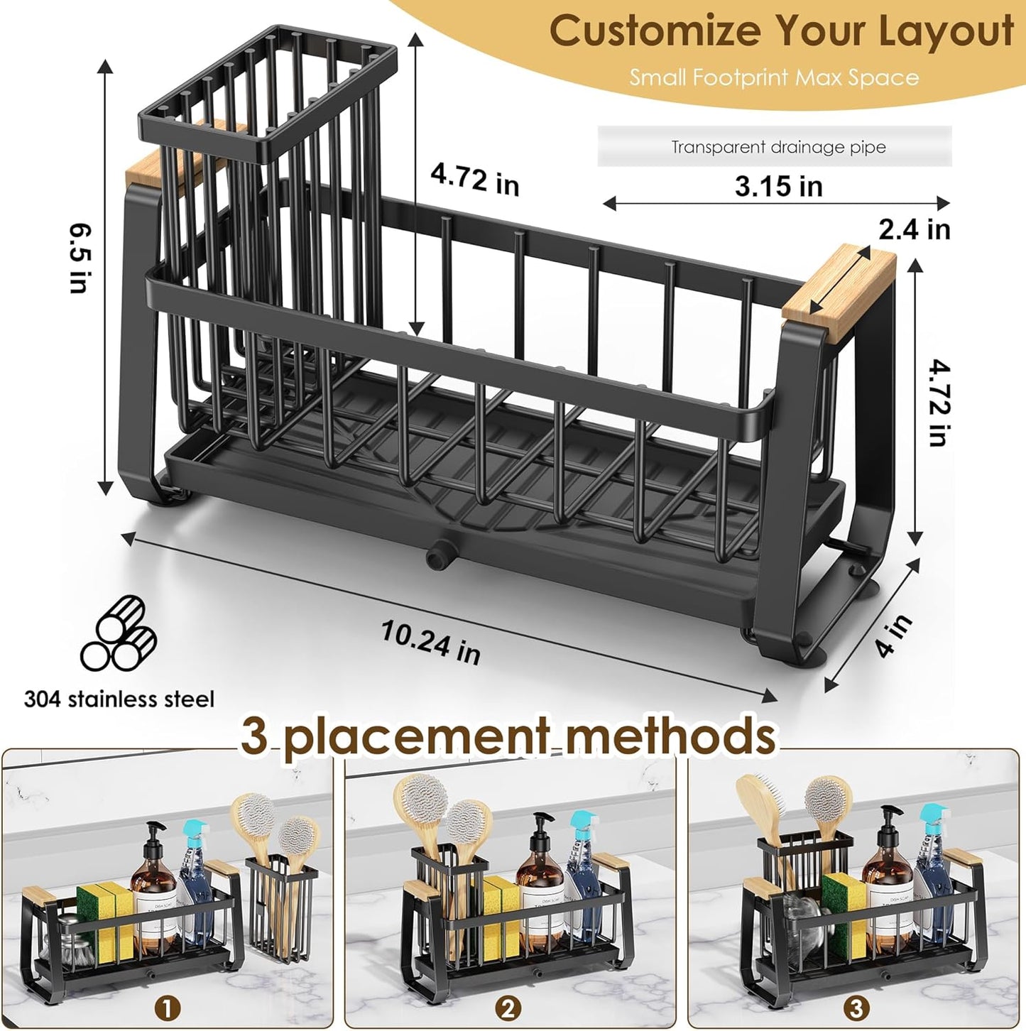 Doasuwish Sponge Holder for Kitchen Sink with Dish Brush Holder, Rustproof 304 Stainless Steel Sink Caddy for Kitchen Countertop Accessories & Storage