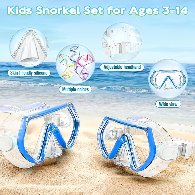 Snorkeling Gear for Kids, Kids Snorkel Set for Ages 3-14, Anti-Fog Diving Mask and Dry Top Snorkel Combo Set, Unisex Swimming Goggles
