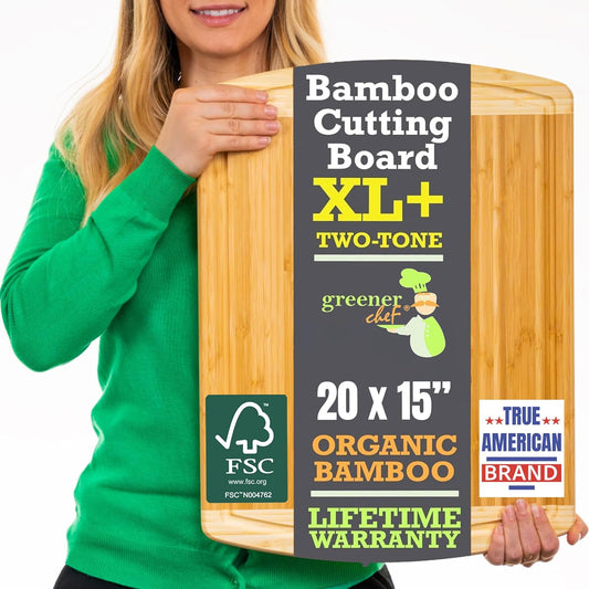GREENER CHEF 20 Inch Extra Large Bamboo Cutting Board with Lifetime Replacement - Wooden Butcher Block for Kitchen, Carving Meat, Vegetables, and Charcuterie with Deep Juice Groove