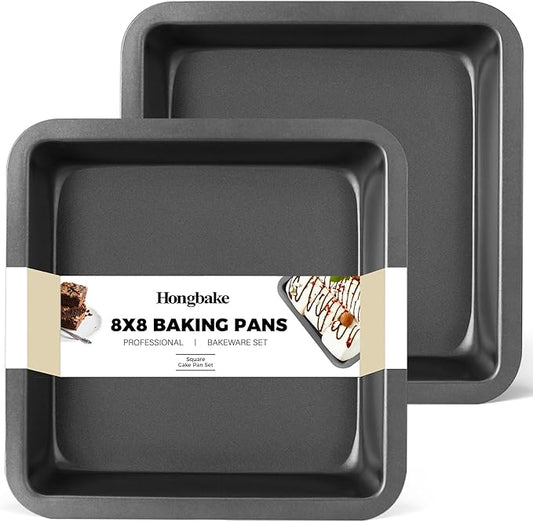HONGBAKE 8x8 Cake Baking Pan Set, Nonstick Square Brownie Pans with Wider Grips, 2 Pieces, Heavy Duty, Grey
