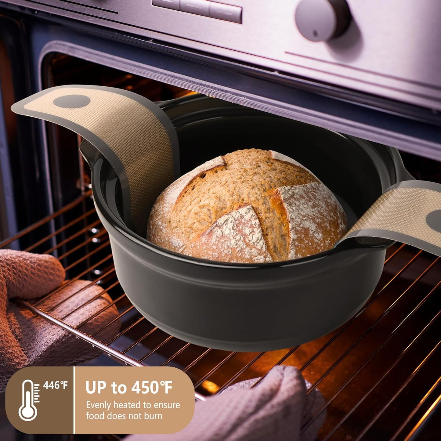 TuBon Silicone Bread Sling for Dutch Oven,Non-Stick & Easy Clean & Odor-Free, Reusable Silicone Bread Baking Mat with Long Handles, Easy to Transfer Sourdough Bread(2 Grey pcs)