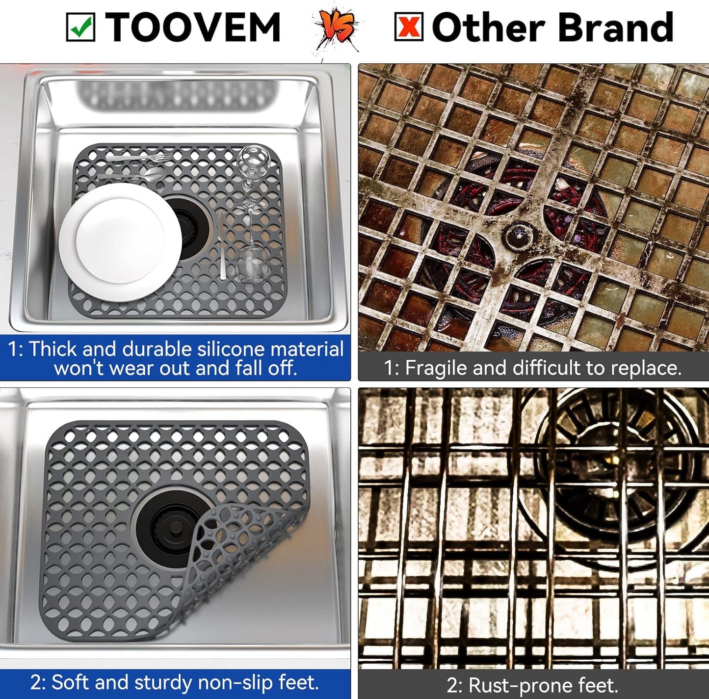 Kitchen Sink Mats, TOOVEM 2PCS Non-Slip Heat Resistant Silicone Sink Protector Mat for Bottom of Stainless Steel Porcelain Sink, Folding Farmhouse Rear Drain Sink Mats, Center Drain