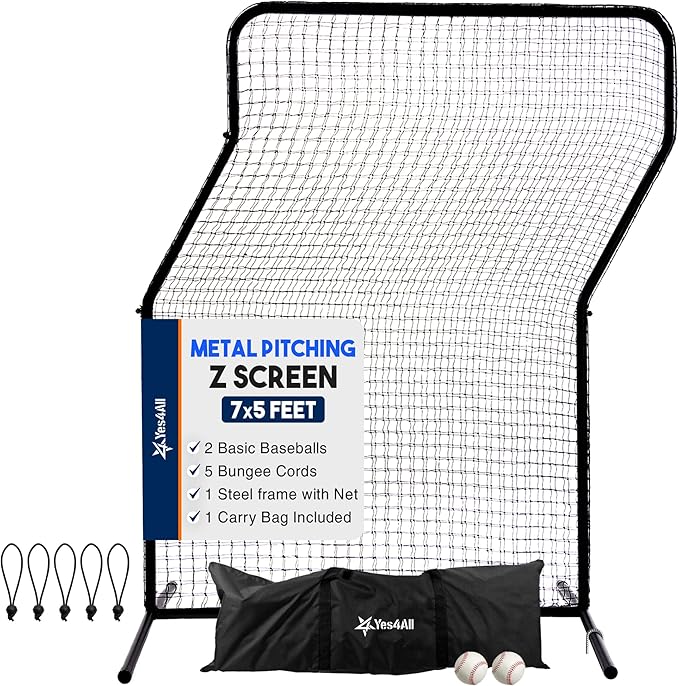 Yes4All Portable L-Screen Baseball 7x7ft with 2 Baseballs, Rubber Wheels - L Screen Baseball for Batting Cage, Protective Pitching Screen Net Double Layers, Carry Bag Included