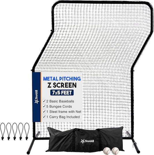 Yes4All Portable L-Screen Baseball 7x7ft with 2 Baseballs, Rubber Wheels - L Screen Baseball for Batting Cage, Protective Pitching Screen Net Double Layers, Carry Bag Included