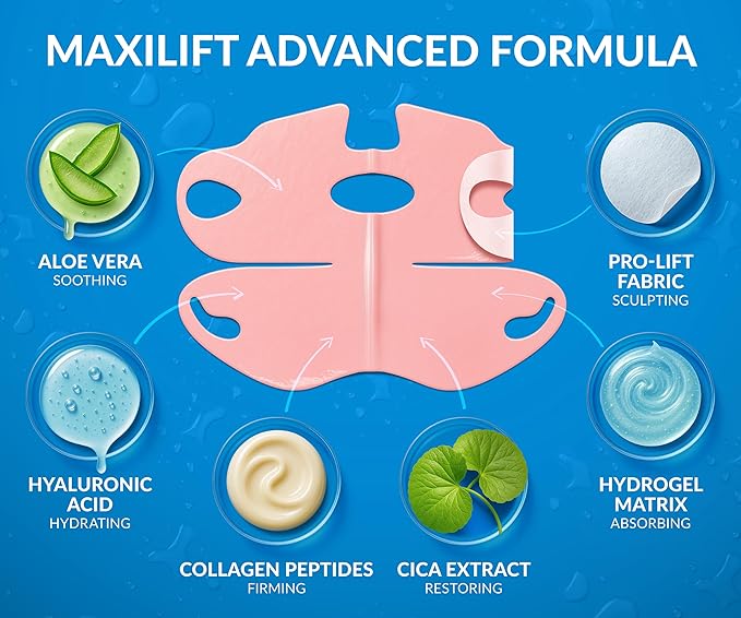 Stylia MaxiLift V-Line Lifting Collagen Face Mask – Enhanced Double Chin Reducer – Jawline Shaper Face Lifting Masks – Firming Neck Lift Collagen Mask – Chin Strap for Sleeping – Hyaluronic, Aloe 5PC