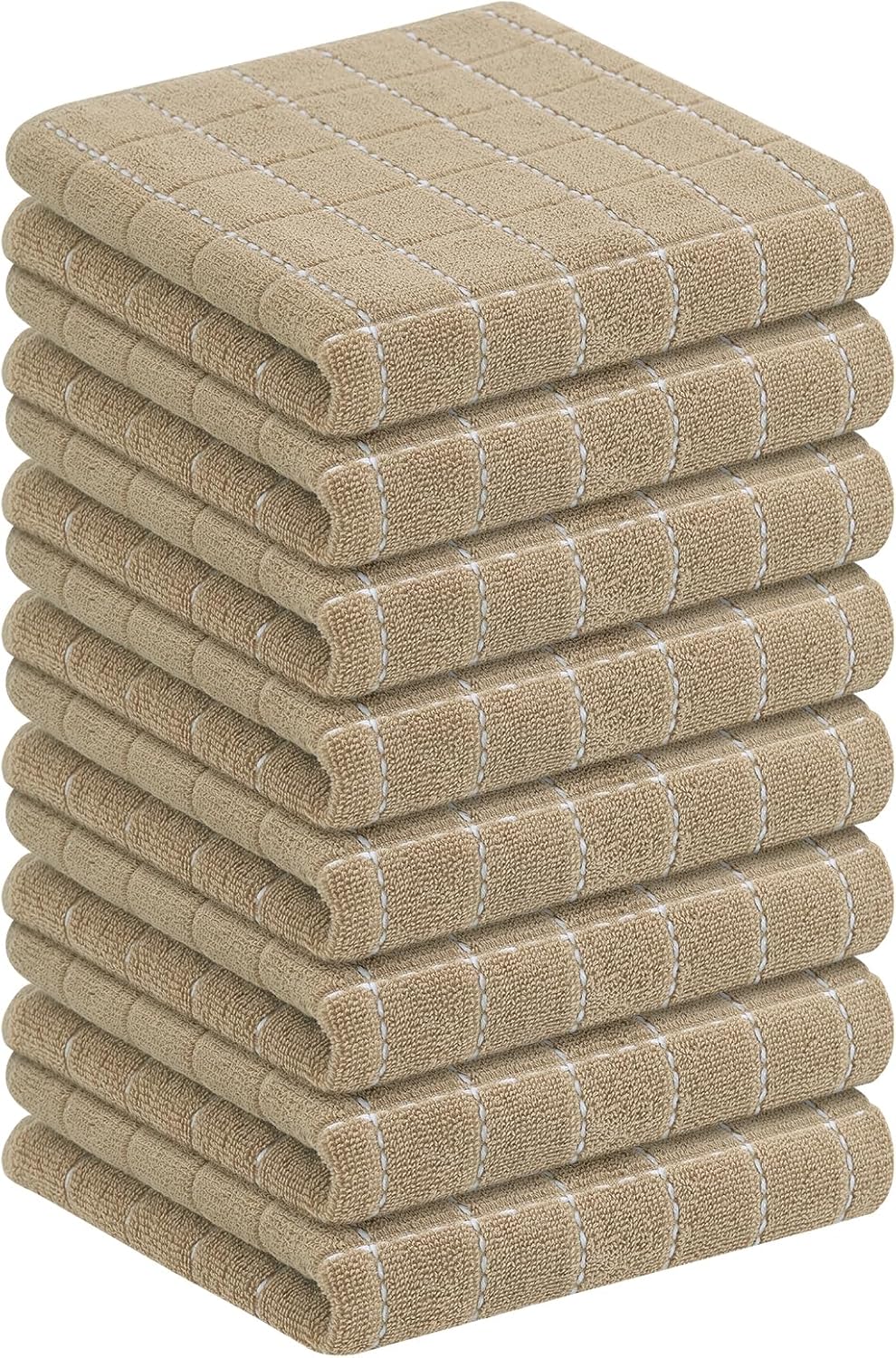 Homaxy 100% Cotton Terry Kitchen Towels(Tan, 13 x 28 inches), Checkered Designed, Soft and Super Absorbent Dish Towels, 8 Pack