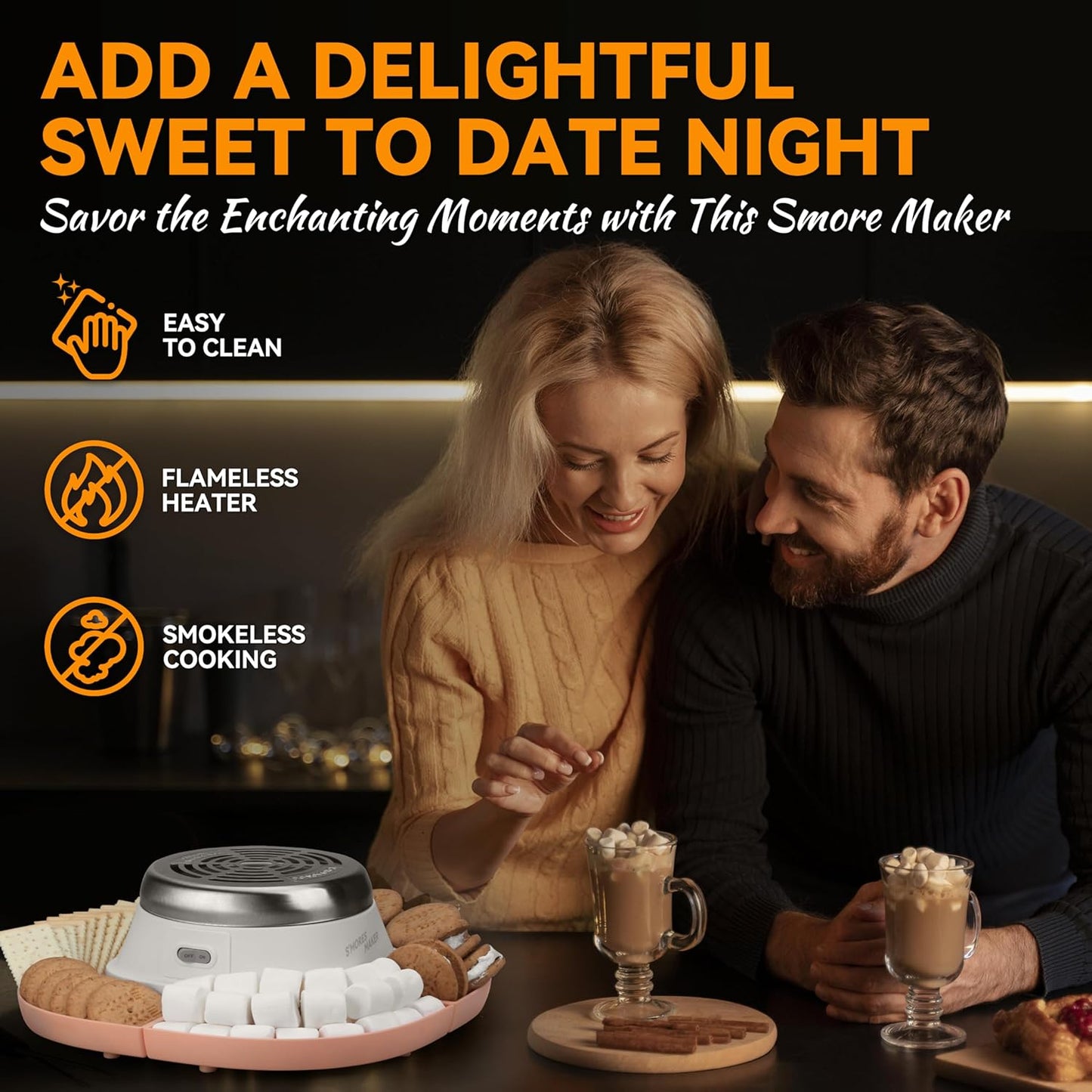 Smores Maker Tabletop Indoor Kit, Indoor Marshmallow Roaster, Flameless Electric S'mores Maker, Smores Maker with 4 Detachable Tray & Roasting Sticks, Gift for family & Date Night, Orange