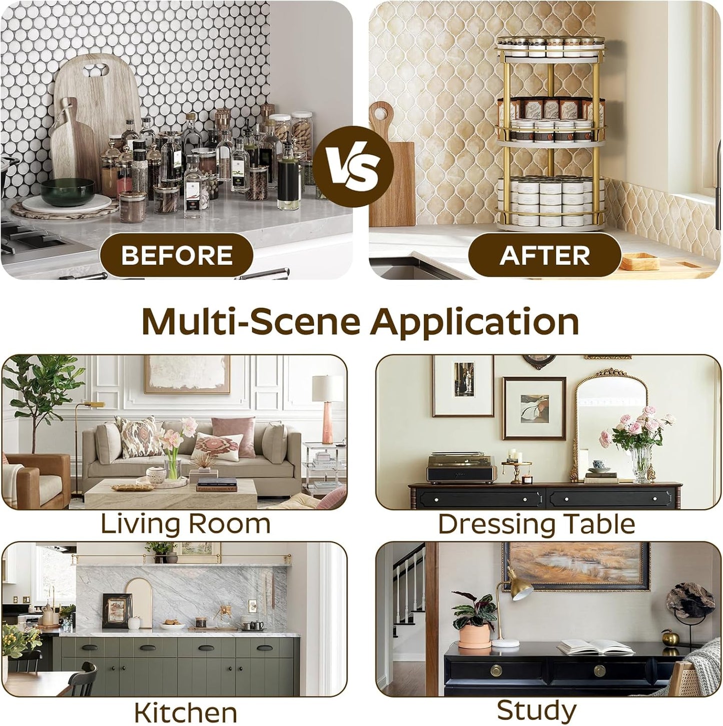 3-Tier Lazy Susan, Rotating Spice Rack, Spinning Organizer, Industrial Turntable Spice Rack for Cabinet, Kitchen Countertop, Pantry, White and Gold SR23DW