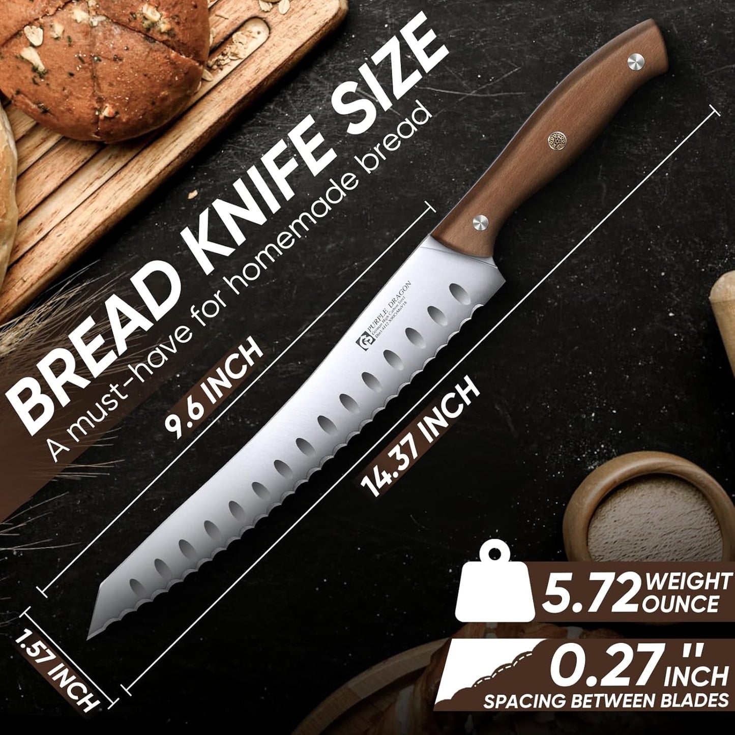 Purple Dragon Bread Knife, Serrated Knives for Homemade Bread Sourdough, German High Carbon Steel Cake Knife and Fruits Cutting, Gift Box, Anniversary Idea Gift for Father Dad - Pointed