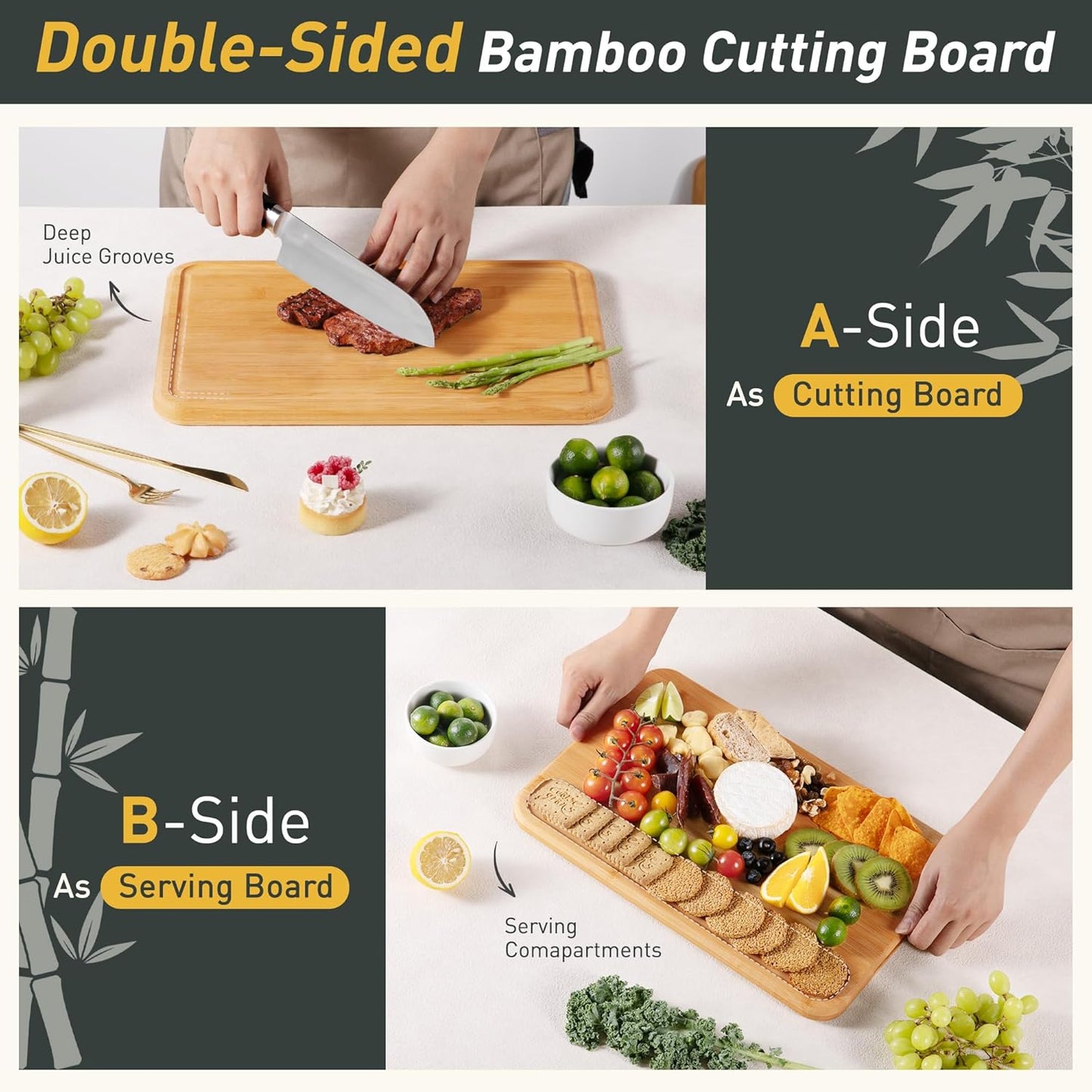 Extra Large Bamboo Cutting Board Set Over Sink Nice Solid Thick Wood Juice Groove Chopping Board Big Best Hardwood Counter Organic Vegetable Kitchen Gadgets Apartment Essentials for Meat Fruit Cheese