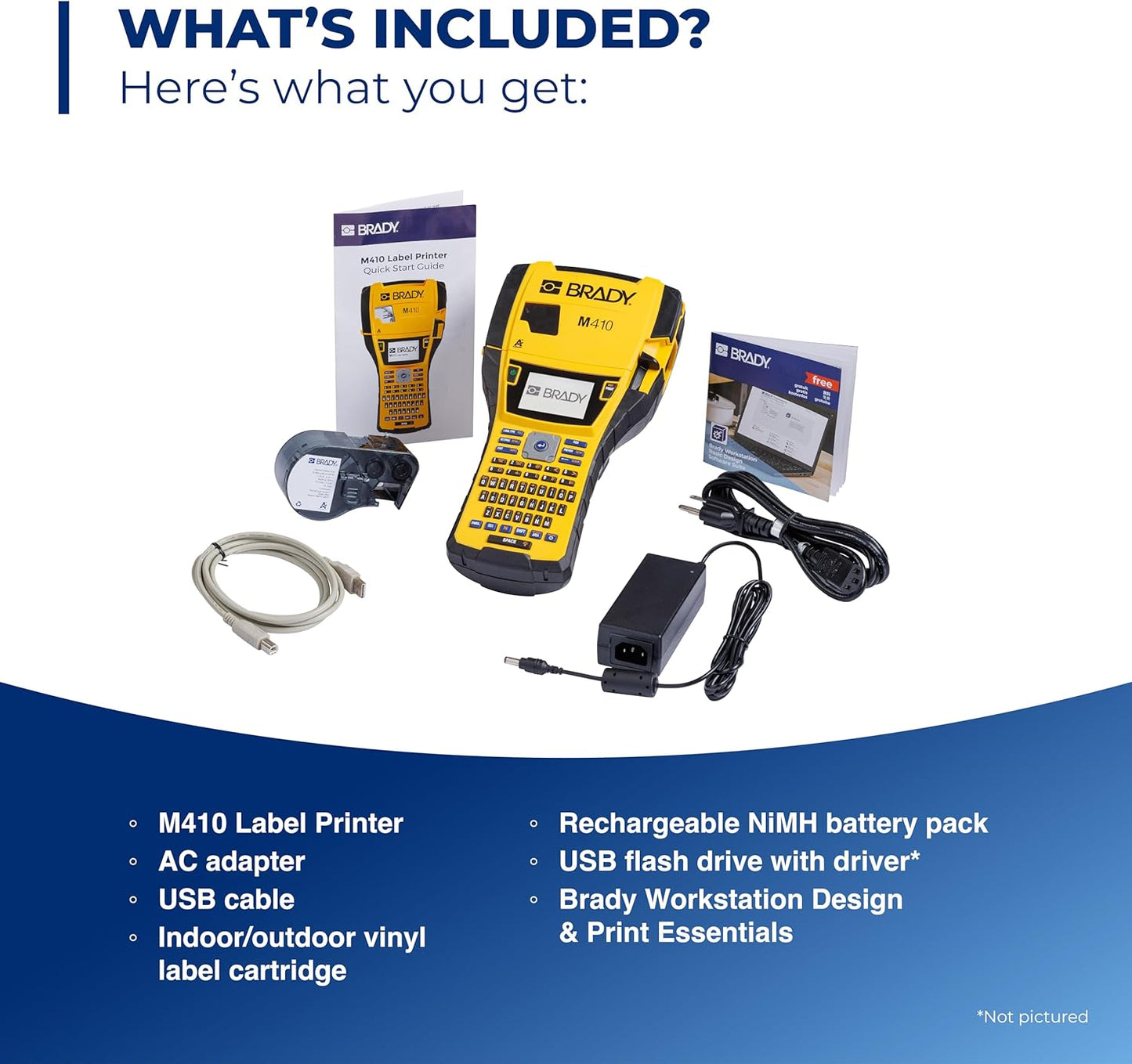 Brady M410 Handheld Portable Industrial Label Printer, 1" Wide Labels, Single Color Thermal Printing, for DataCom, Electrical, and Laboratory, Yellow/Black, 11.5" H x 6" W x 3.5" D