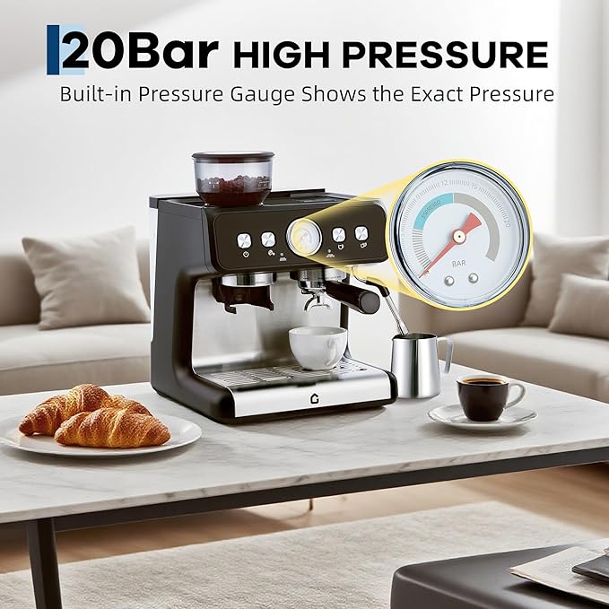 Garvee 20 Bar Pressure Stainless Steel Espresso Machine with Grinder, 2.8L Removable Water Tank, Milk Frother Steam Wand for Latte/Cappuccino - Adjustable Shot Volume, Professional Home/Office Use