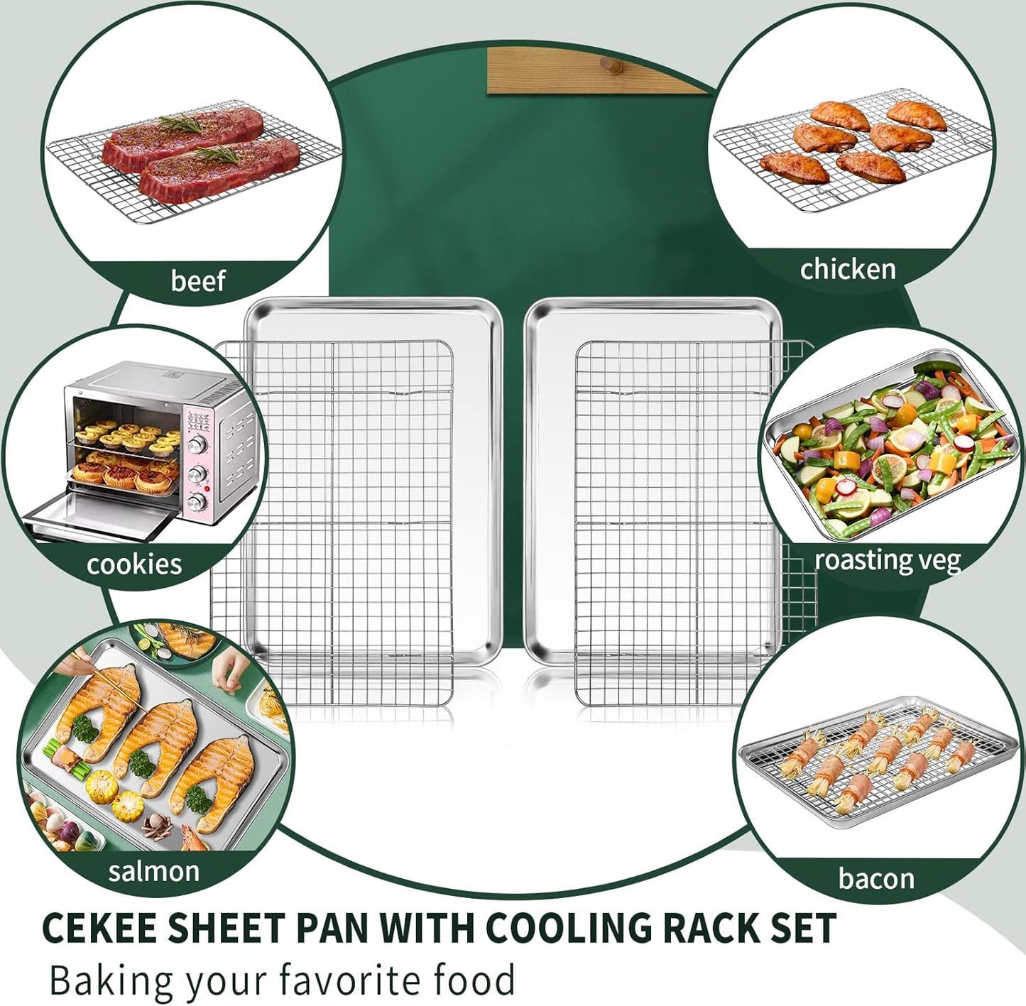 Jelly Roll Pan with Cooling Rack Set [2 Baking Pans + 2 Baking Racks], CEKEE Stainless Steel Baking Sheet Tray with Wire Rack Set, Commercial Quality, Rust Proof & Nonstick, Size 15.94 x 12 x 1 Inch