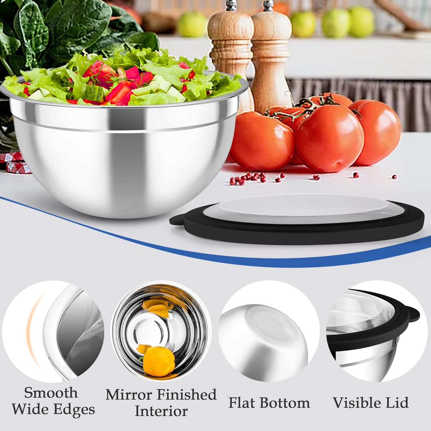 TeamFar Mixing Bowls, 4.5/3/1.5 QT Stainless Steel Nesting Salad Bowls with Airtight Lids, For Serving/Mixing/Storing/Prepping, Non-Toxic & Sturdy, Visible & Easy Clean, Black, Set of 3