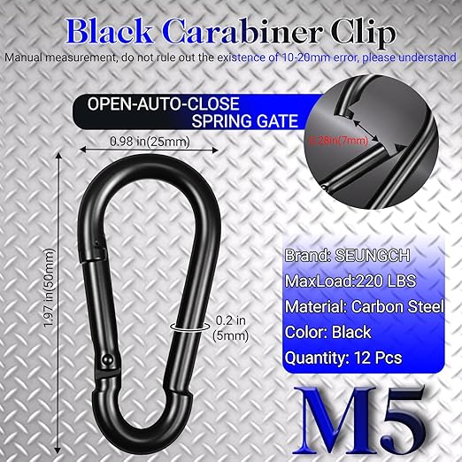 1.97" Spring Snap Hook Carabiners, 12 Pcs Galvanized Steel Black Small Carabiner Clip, Keychain Clip, Quick Link Key Chain for Hammock Swing Set Outdoor Travel, Camping, Fishing, Hiking