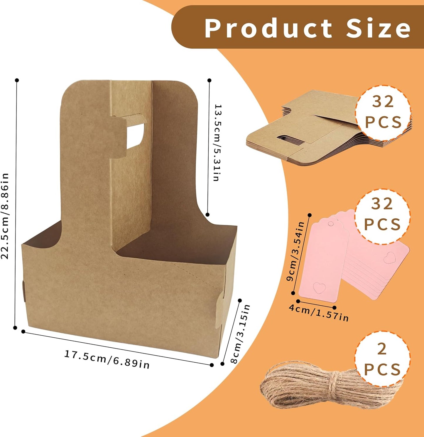 2 Cup Drink Carrier,32 Pack Coffee Cup Holders with Handle,Cardboard Cup Holders for Hot or Cold Drinks,Coffee Carrier with Ribbon and Card,Food Delivery Services and Bouquet(Kraft)