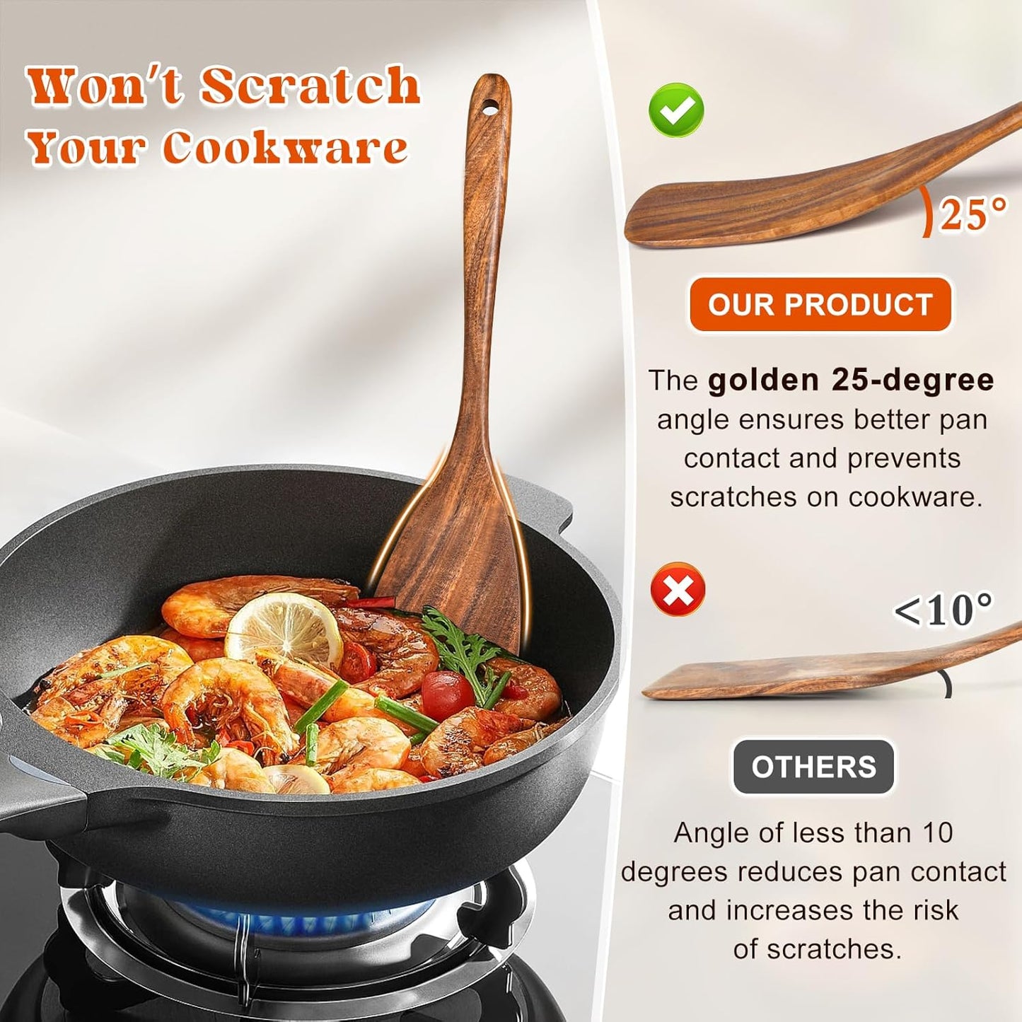 Wooden Spatula for Cooking, Acacia Wood Flat Frying Spatulas, Long Handle Spatula Turner for Non Stick Pans, Non-Scratch, Wooden Kitchen Utensils for Cooking, Frying, Baking