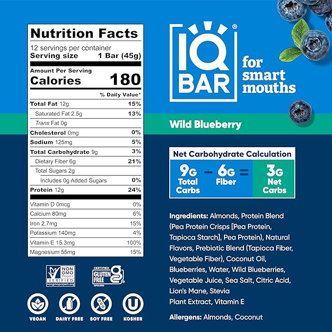 IQBAR Brain and Body Plant Protein Bars - Wild Blueberry - 12-Count Low Carb - Gluten Free, High Fiber, Vegan Snacks - Low Sugar Meal Replacement