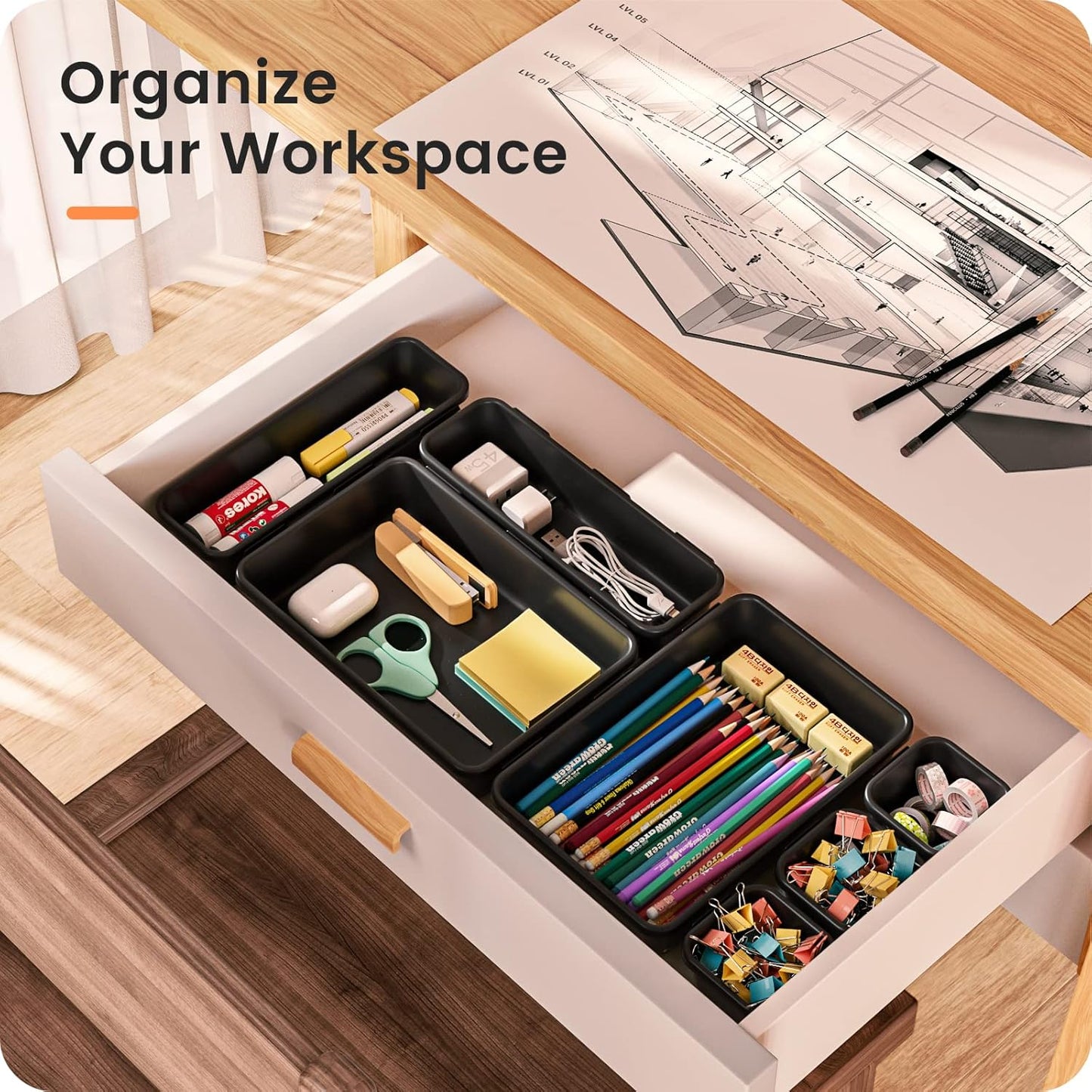 【𝟮𝟮𝗣𝗖𝗦】A-LUGEI Plastic Black Desk Drawer Organizer, Bathroom Organizers and Storage, Makeup Organizer, Organization and Storage Bin Container for Vanity Office Utensils Tool Pantry Cosmetic