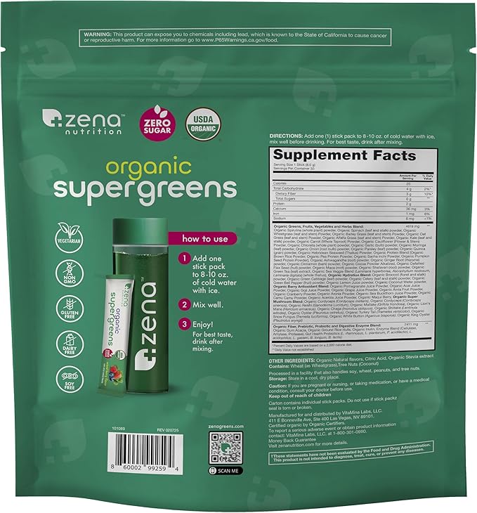Zena Nutrition Organic Super Greens Powder, 70+ Superfoods, 0 Sugar, 3G Fiber, Spirulina, Chlorella, Antioxidants, Prebiotics/Probiotics, Digestive Enzymes, Mixed Berry, 30 Drink Mix Packets