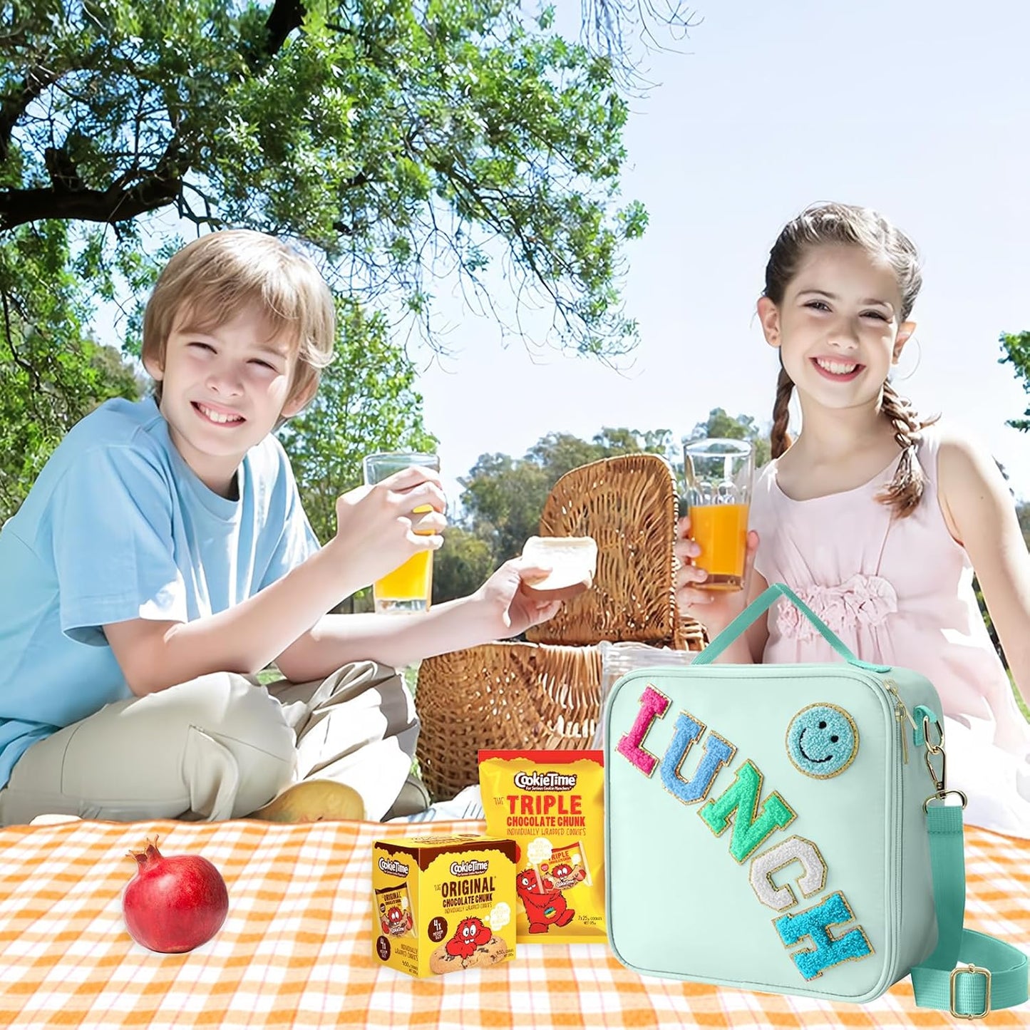 Insulated Lunch Bag With Adjustable Shoulder Strap, Nylon Preppy Lunch Box Large Insulated Lunch Bag Reusable Lunch Tote Bag with Smiley Preppy LunchBag for Girls School Travel Picnic (Green)