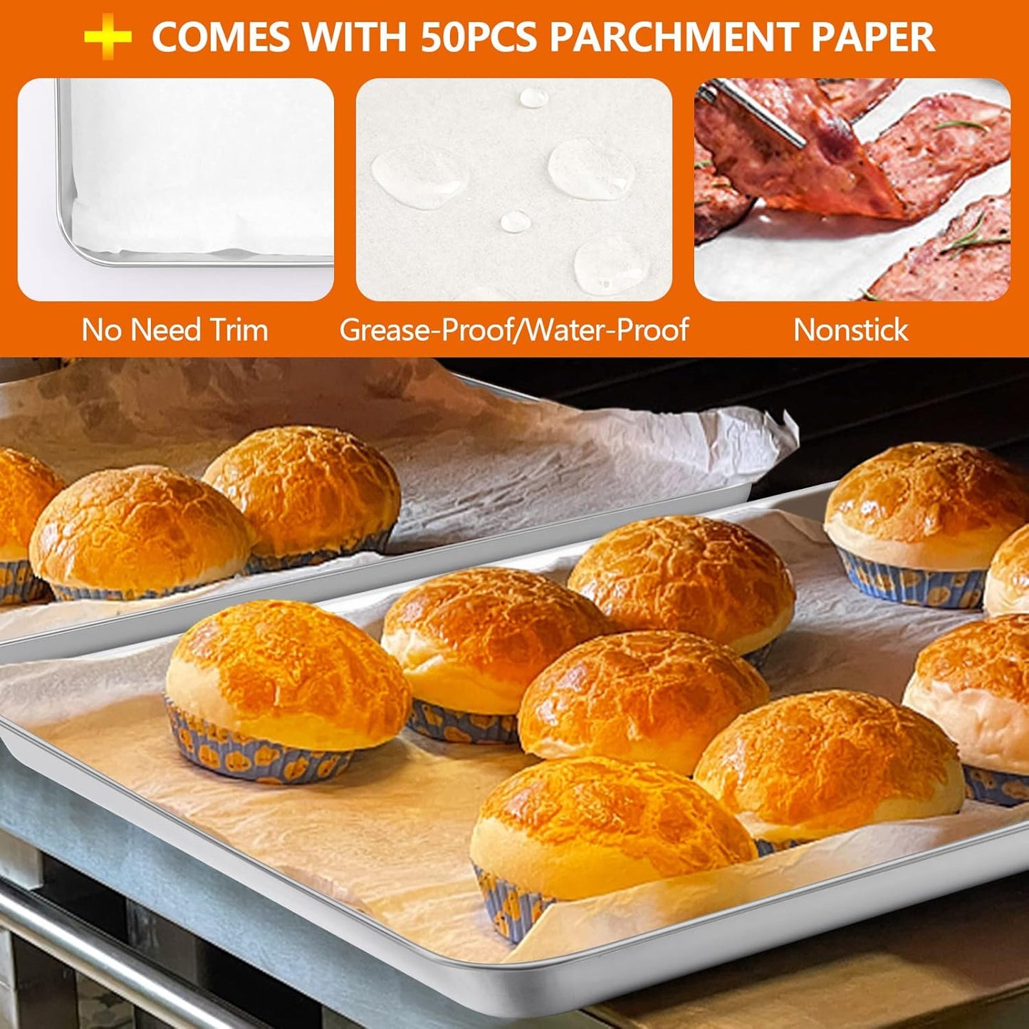 E-far Baking Cookie Sheet Set of 2, 16”x12” Stainless Steel Baking Sheet Pan with 50 Parchment Paper, Rectangle Baking Tray for Cooking Roasting, Rust Free & Heavy Duty, Oven & Dishwasher Safe
