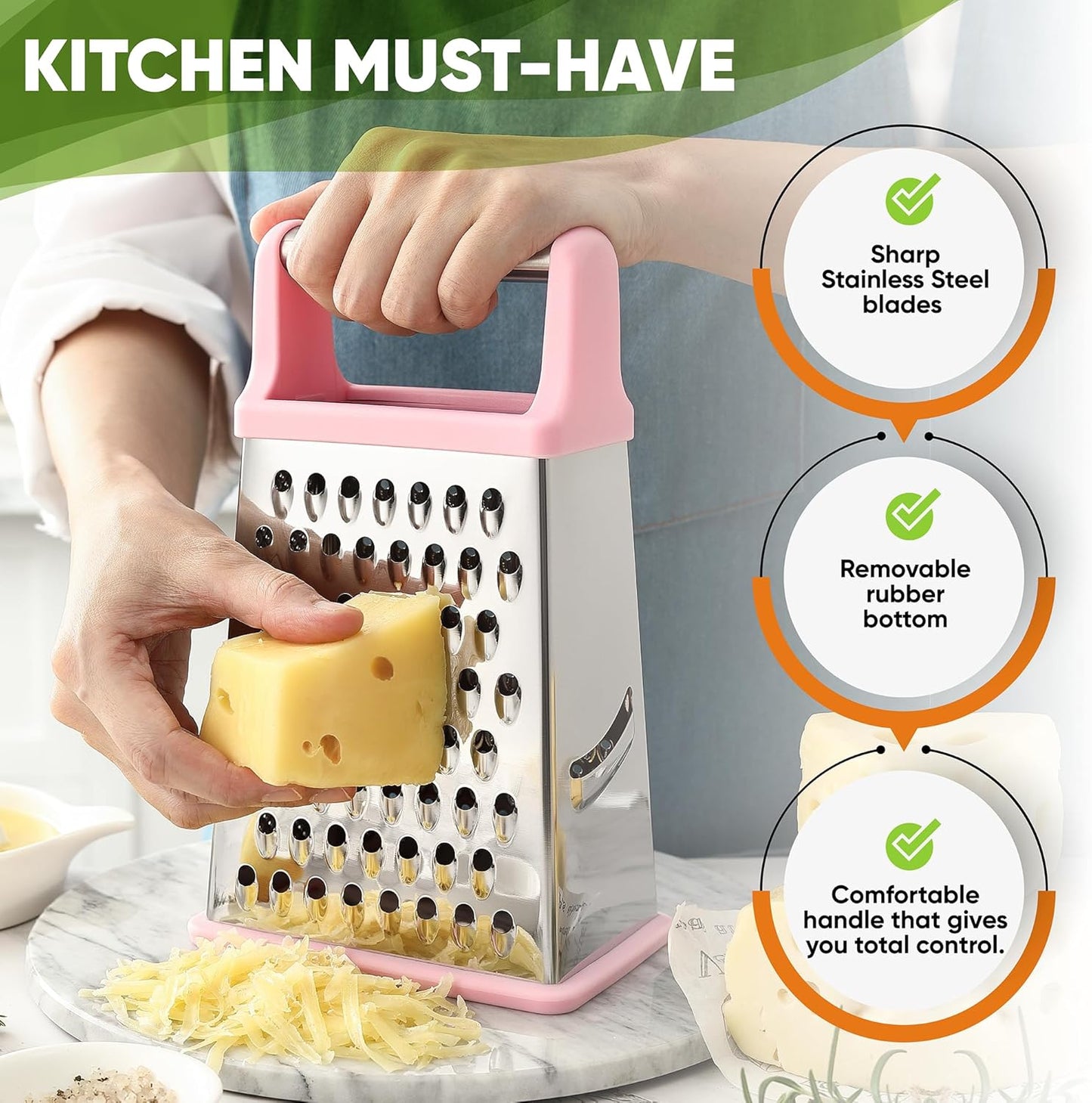 Spring Chef Professional Stainless Steel XL Parmesan Cheese Grater with Handle - 4 Sided Box Grater for Kitchen - Dishwasher Safe Carrot Shredder for Potato, Vegetables, Ginger - Pink Lemonade