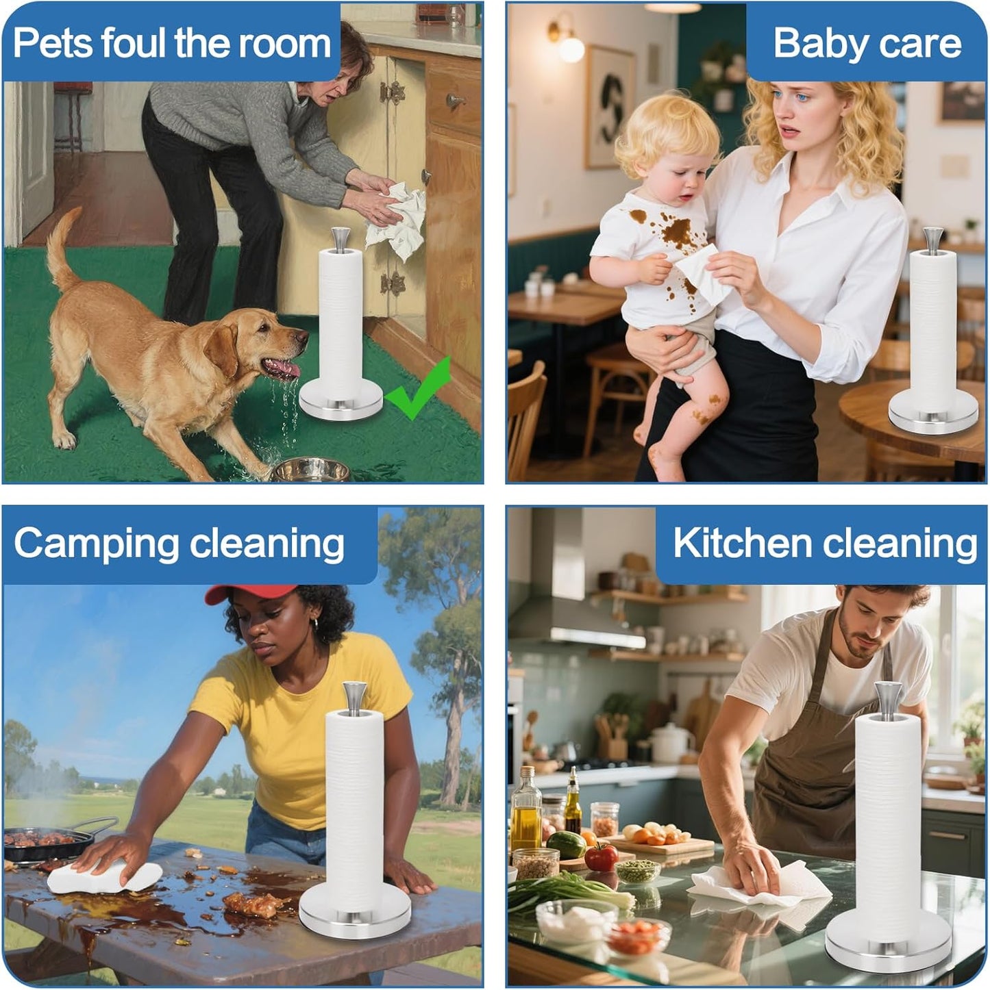 Stainless Steel Paper Towel Holder – Heavy-Duty Base & Suction Cup, Non-Slip for Countertops, One-Hand Tear Design, Fits All Roll Sizes