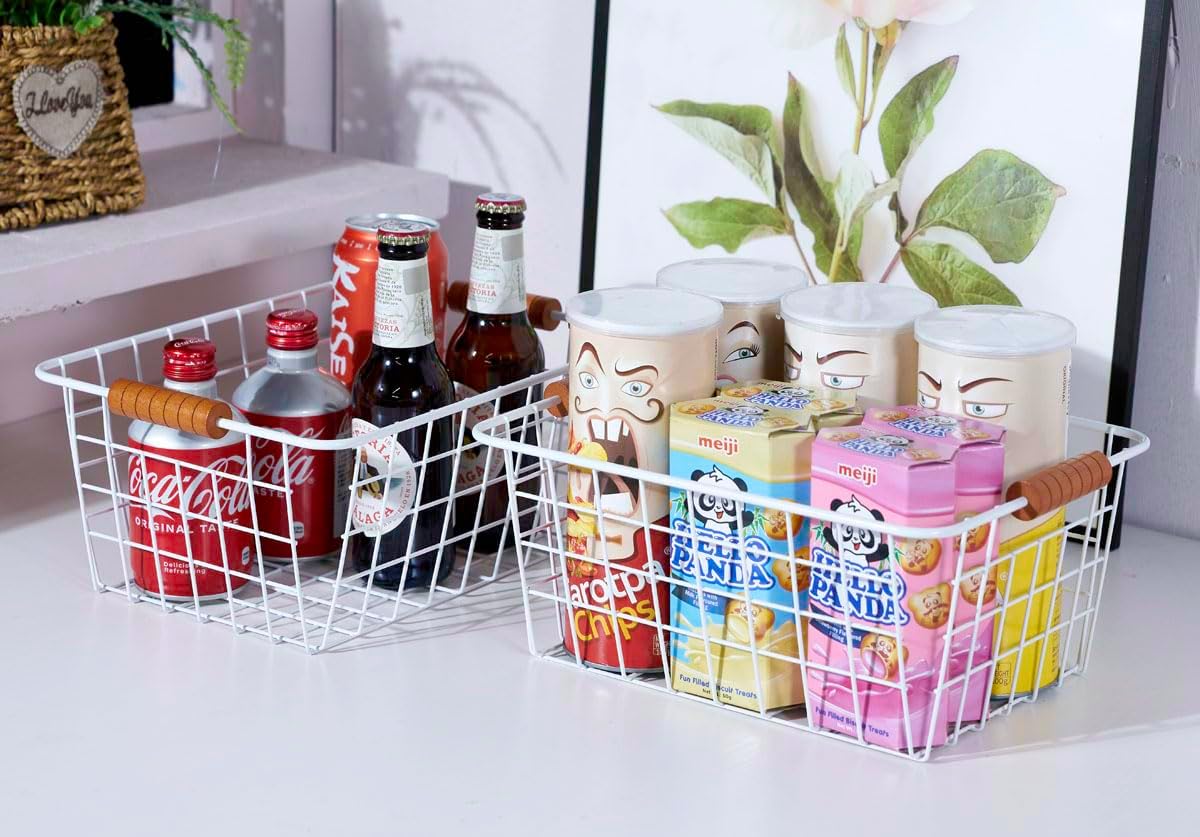 Wire Kitchen Storage Basket 4 Packs,Perfect Pantry Organization Accessories Baskets,Laundry Basket,With a Wooden handle,Suitable for Kitchen,Bathroom,Bedroom,Tabletop,Stackable,White