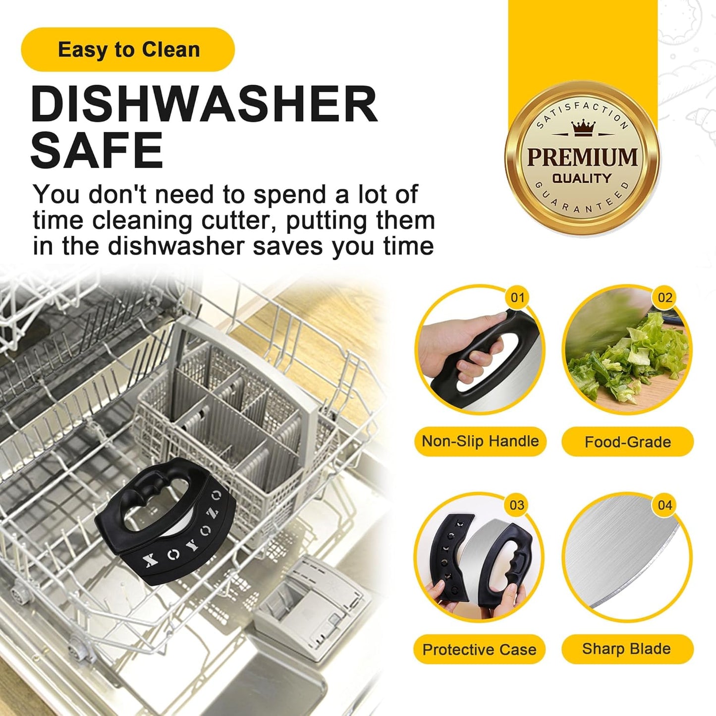 XoYoZo Pizza Cutter Salad Chopper Large Stainless Steel Blade with Cover, Dough Rocker Mezzaluna Knife for Kitchen Gadgets