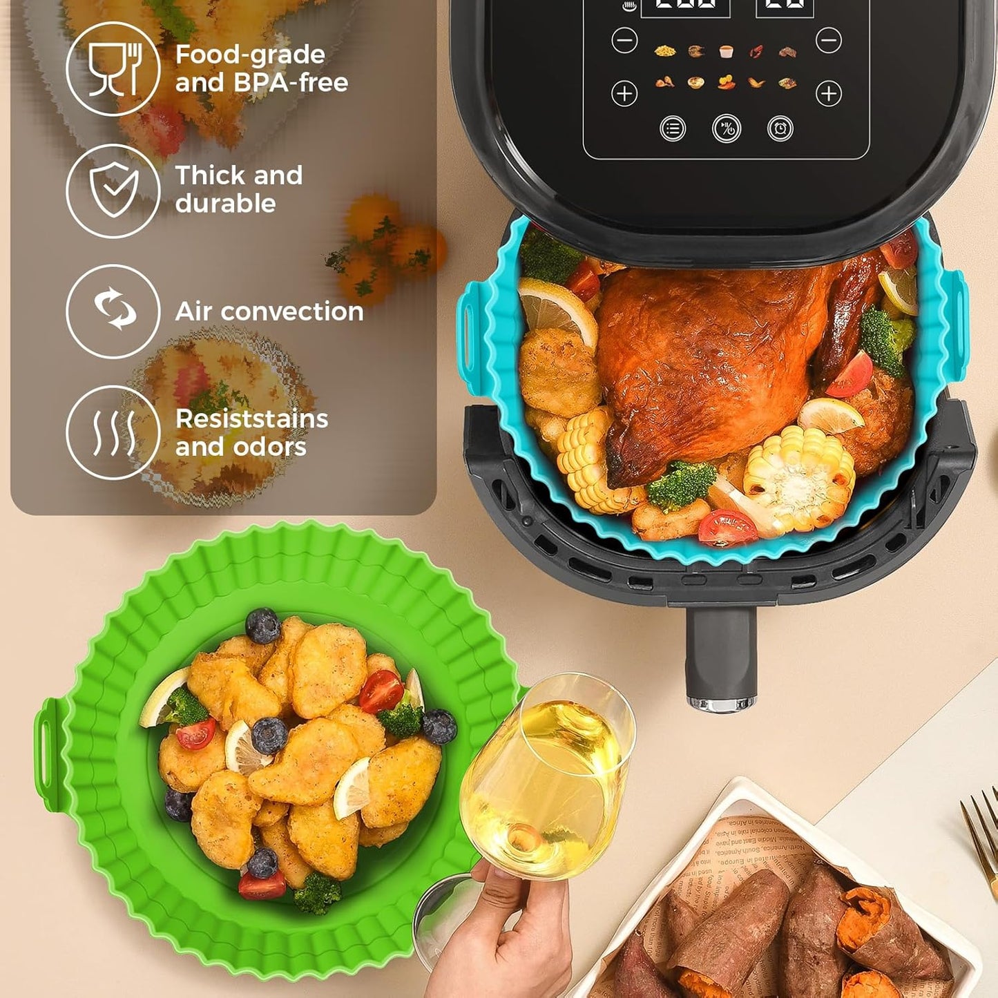 3 Pack Air Fryer Silicone Liners for 5 QT or Bigger, Reusable Food Grade Silicone Airfryer Liners Pot Baking Basket Accessories Replacement of Flammable Disposable Parchment Paper Top 8.7 inch