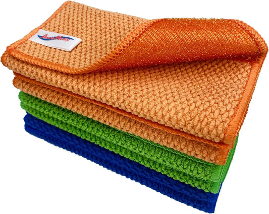 12 Pack Microfiber Scrub Dish Cleaning Cloth, Non-Scratch, Reusable & Durable for Pan Pot Dish Cooktop Stovetop Counter Kitchen Household, Machine Washable, 6 x 6 Inch, Orange, Blue & Green Assorted