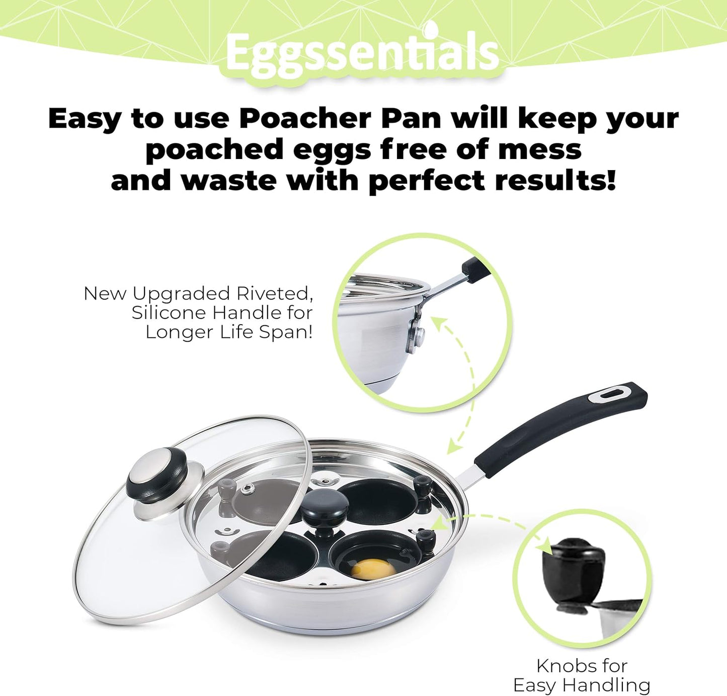 Eggssentials Egg Poacher Pan Nonstick Poached Egg Maker, Stainless Steel Egg Poaching Pan, Poached Eggs Cooker Food Grade Safe PFOA Free with Spatula