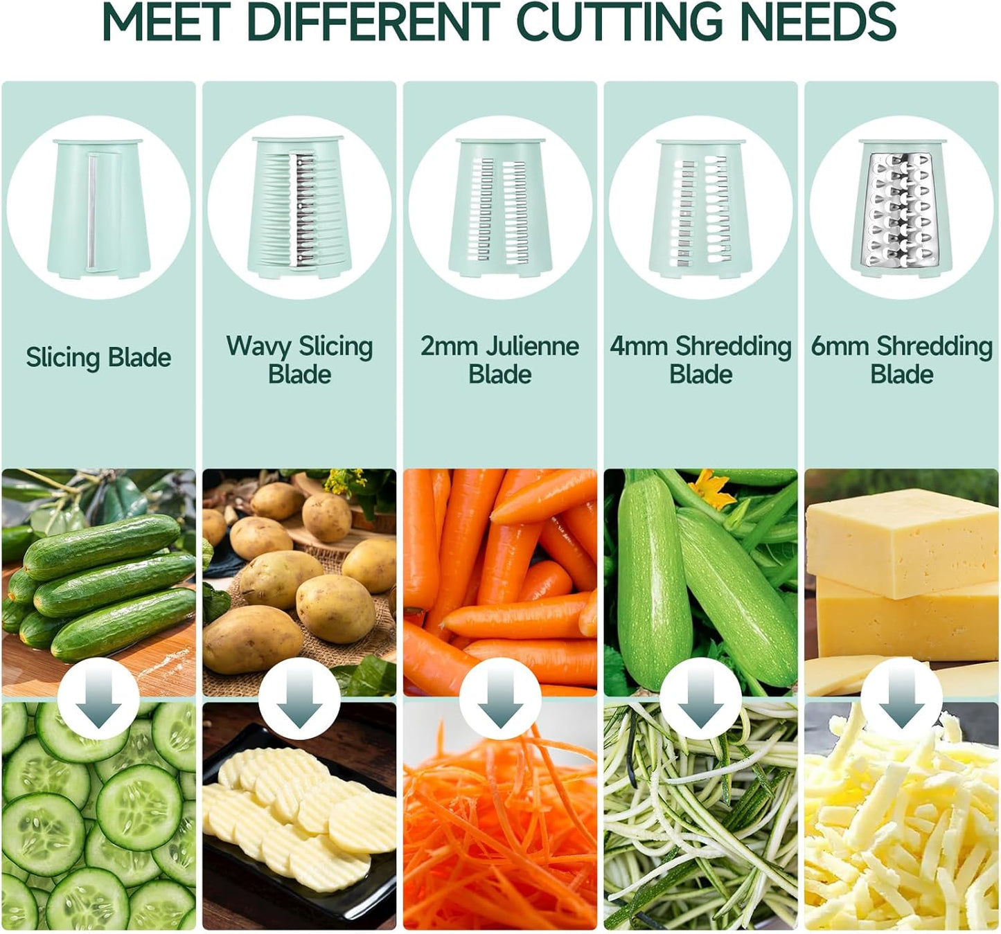 Rotary Cheese Grater, Vegetable Shredder 5 in 1 Cheese Grater with Handle edder Reinforced Suction,Easy to Clean,Kitchen Chopper for Crushed Ice,Fruits and Nuts with Blade Storage Case（Green）