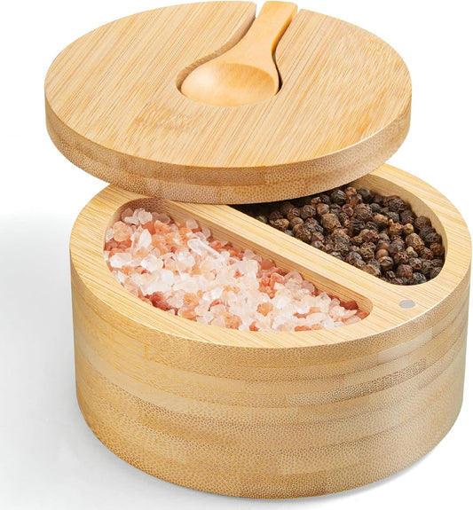 2-Compartment Salt Box with Lid and Spoon, Bamboo Salt Cellar with Swivel Lid, Salt and Pepper Bowls for Salt & Spices, Dual 6 oz Salt Container