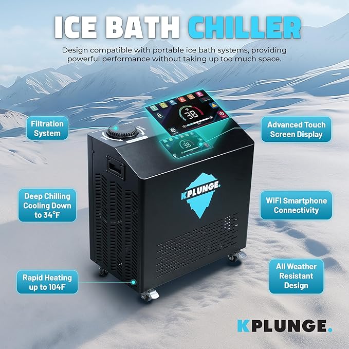 Kodiak 59" 1-Person Inflatable Cold Plunge Ice Bath or Hot Tub with 3/4 HP Chiller and Heater, PVC Insulated Lid, Hand Pump, Repair Kit, 110-Gallon Capacity, Indoor/Outdoor Tub – Gray