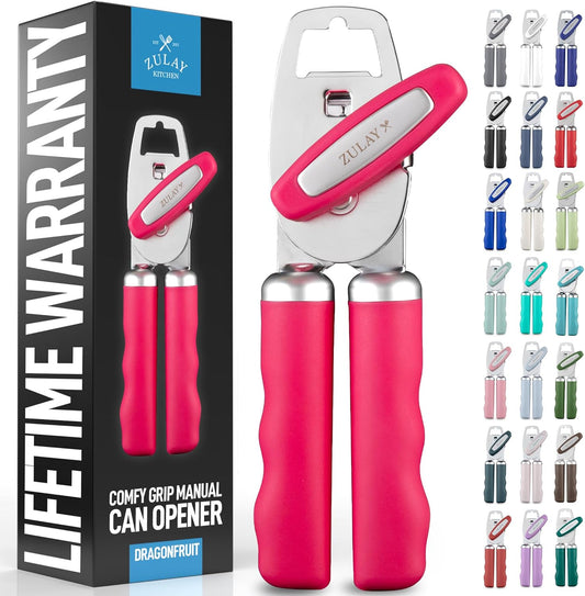 Zulay Kitchen Heavy Duty Stainless Steel Can Opener Manual with Bottle Opener - Rust Proof Manual Can Opener With Turn Knob & Comfy Soft Grip Handles - Dragonfruit
