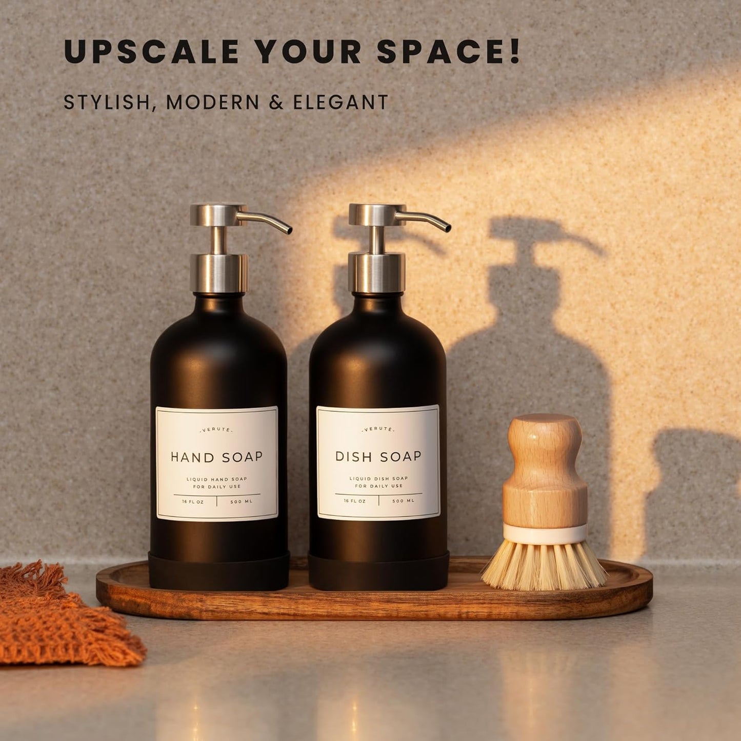 16oz Glass Soap Dispenser with Stainless Steel Pump, 21 Waterproof Labels, Non-Slip Protective Silicone Pad, Set of 2 for Bathroom & Kitchen (Matte Black Bottle/Brushed Silver Pump)