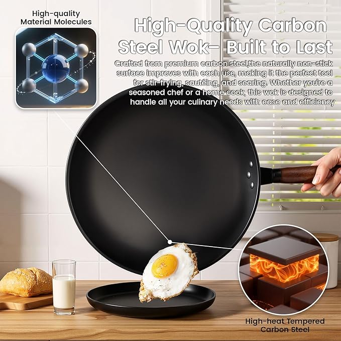 Carbon Steel Wok, 13-Inch Chinese Round Bottom Wok with lid, Woks & Stir-Fry Pans Nonstick for Induction, Electric, Gas Stoves