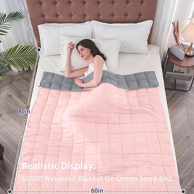 yescool Weighted Blanket for Adults (22 lbs, 60" x 80", Pink Grey) Cooling Heavy Blanket for Sleeping Perfect for 210-230 lbs, Queen Size Breathable Blanket with Premium Glass Bead, Machine Washable