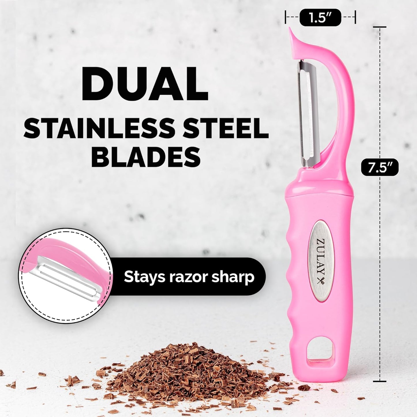 Zulay Kitchen Premium Vegetable Peeler for Kitchen - Swivel Peeler with Razor Sharp Stainless Steel Blades & Strong Ergonomic Handle - Dishwasher Safe, Easy To Use with Blemish Remover - Pink
