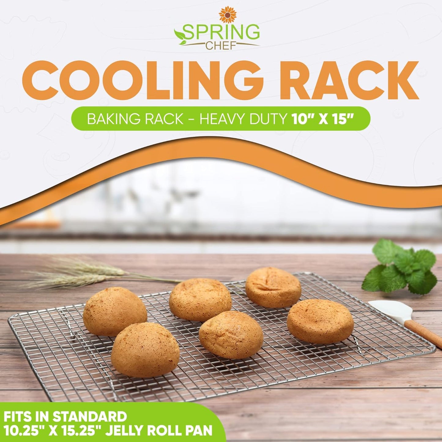 Spring Chef 10 x 15 Inch Stainless Steel Cooling Rack for Cooking & Baking - Heavy Duty Cookie Cooling Rack for Kitchen - Oven Safe - Fits Jelly Roll Pan - Dishwasher Safe
