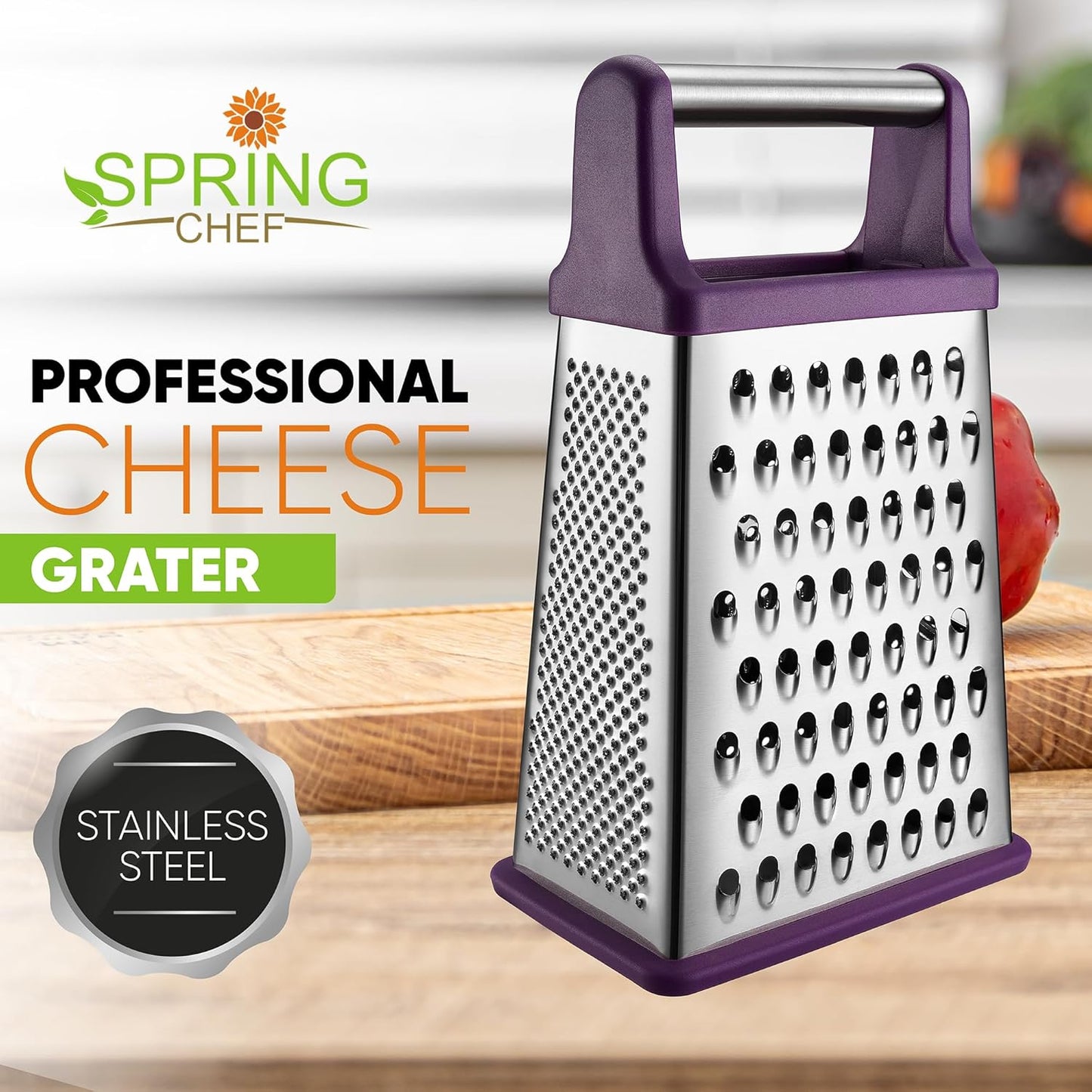 Spring Chef Purple Professional Stainless Steel XL Parmesan Cheese Grater with Handle - Manual Box Grater for Kitchen, 4 Sides, Dishwasher Safe Food Shredder for Vegetable, Potato, Hard Cheese, Carrot