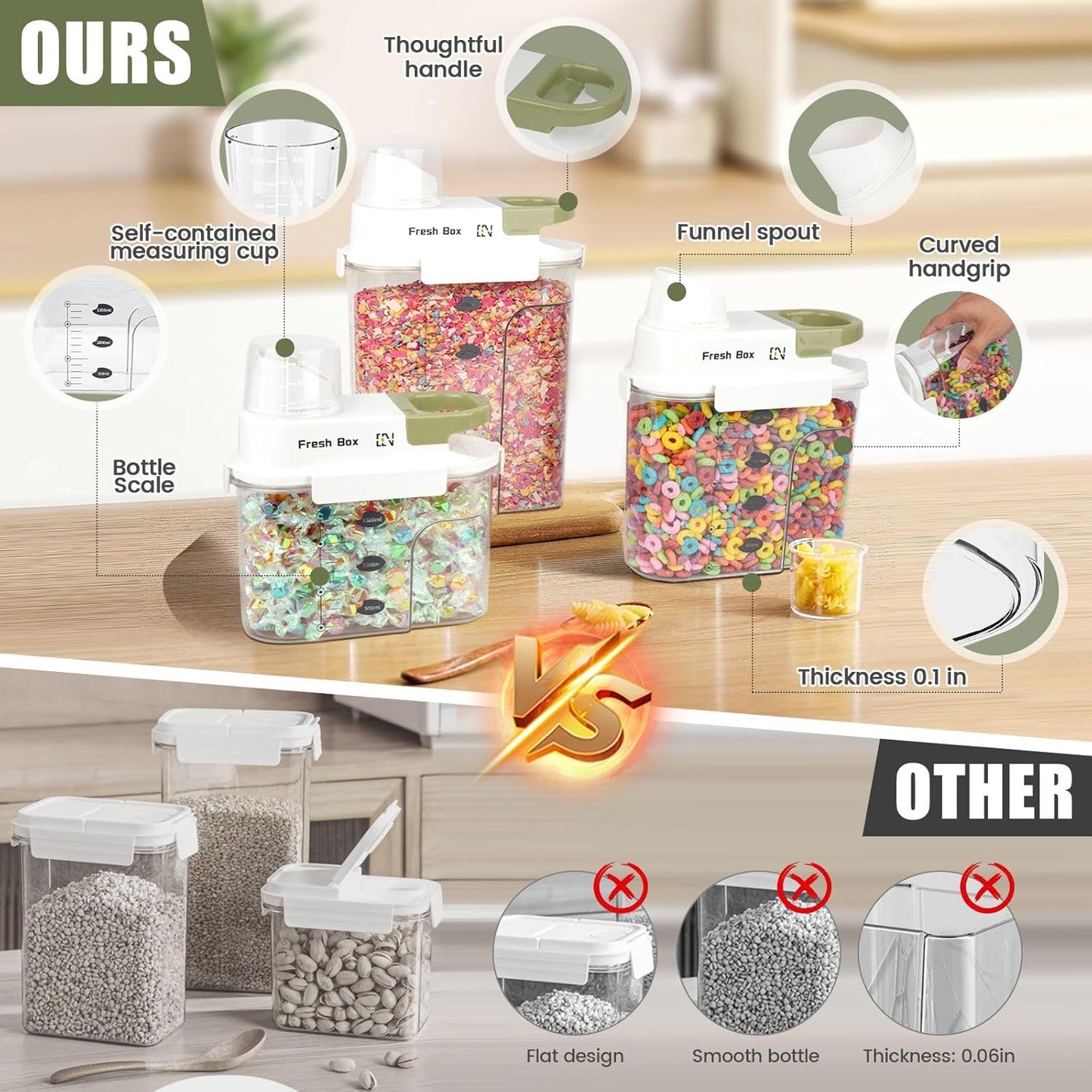 Cereal Storage Container 2Pack,61oz/1.8L Airtight Food Storage Containers With Lids,Organizers Storage With Measuring Cup for Beans,Sugar,Rice,Nuts,Snacks,Pet Food,Candy