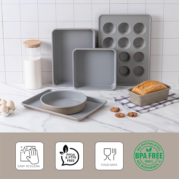 Country Kitchen Nonstick Stackable Bakeware Set - Durable, Easy Release Baking Set, Taupe, 6 Pcs