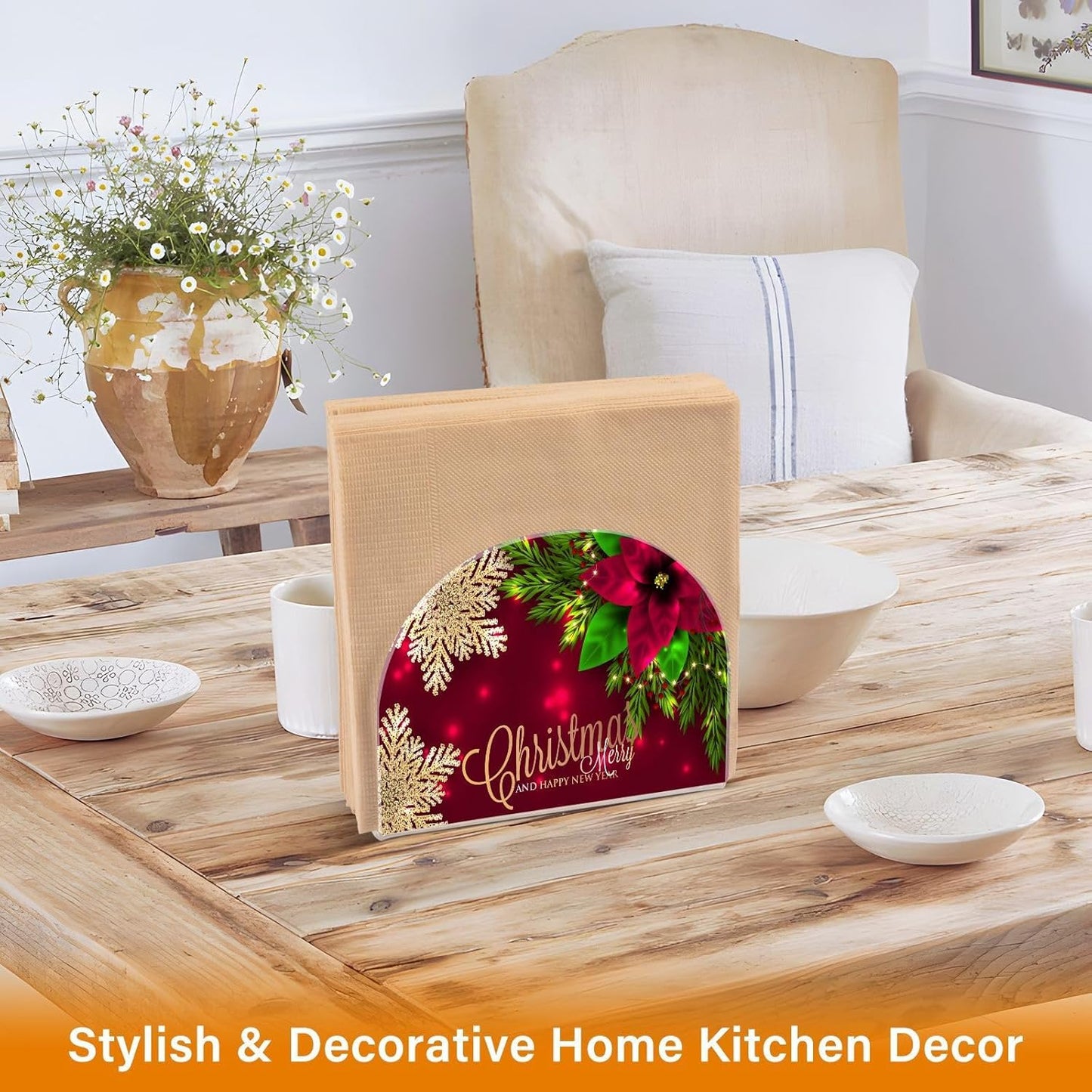 Christmas Poinsettia Flower Napkin Holder for Table Paper Napkins Holder Acrylic Tissue Dispenser Kitchen Dining Room Bathroom Party Car Decor