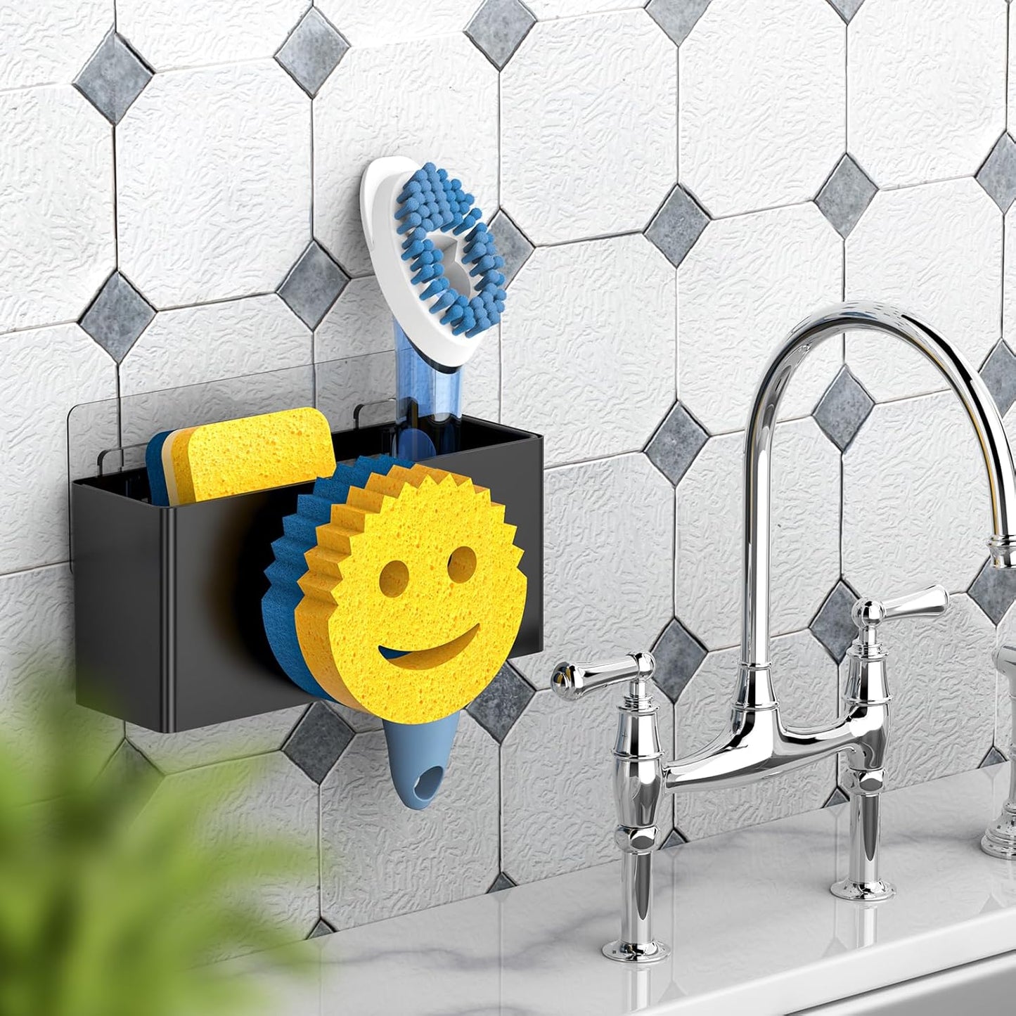 Sponge Holder for Kitchen Sink,Smiley Face Sink Caddy,Sponge Holder Stainless Steel with Suction Cups & 1 PCS Adhesive Strips for Holding Soap,Brush,Scrubber,Sponge-Black