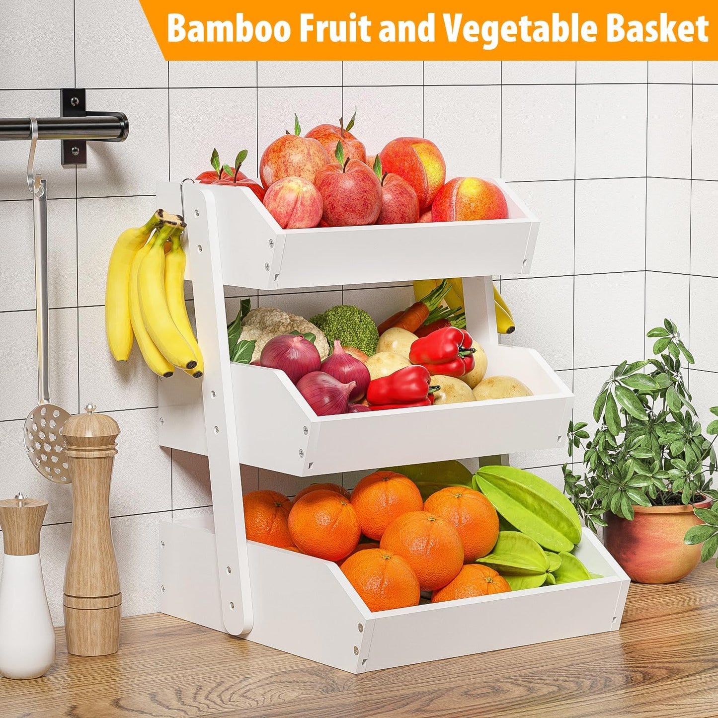 Bamboo Fruit Basket for Kitchen– 3 Tier Fruit Bowl For Kitchen Counter, Large Fruit Holder With Banana Hangers, Idea For Vegetable Storage, Bread Display, Snack Organizer(White)