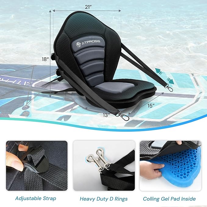 Standard Padded Kayak Canoe Seat Adjustable Backrest with 4 Straps Durable Sit-On-Top Cushion for Kayaking, Rafting & Fishing